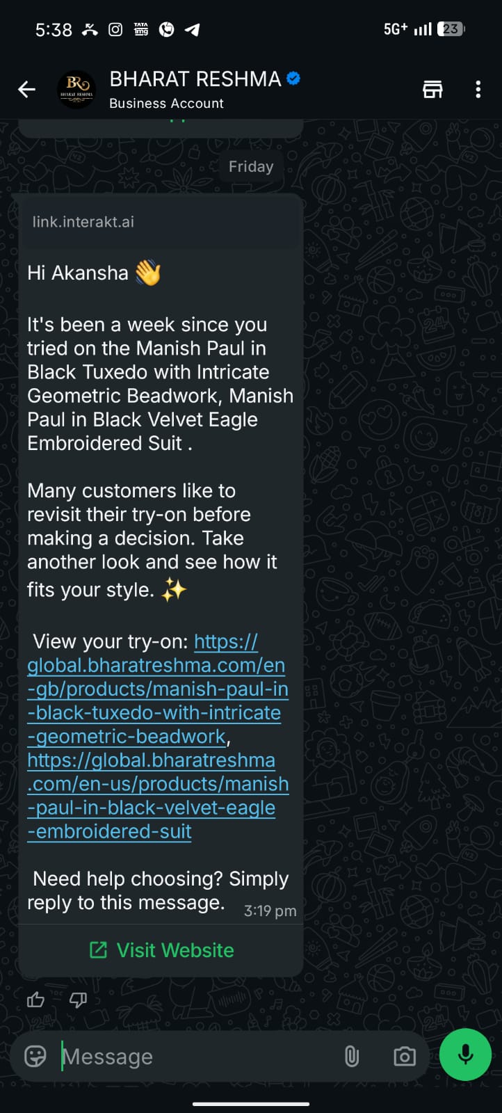 StyleUAI WhatsApp automation, follow-up nudge message